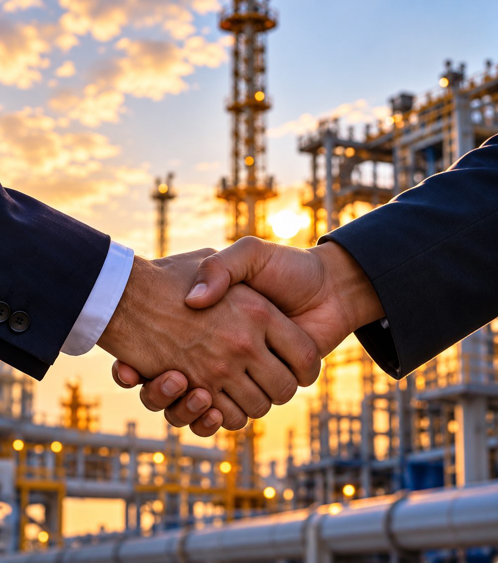 Business handshake in front of an industrial plant