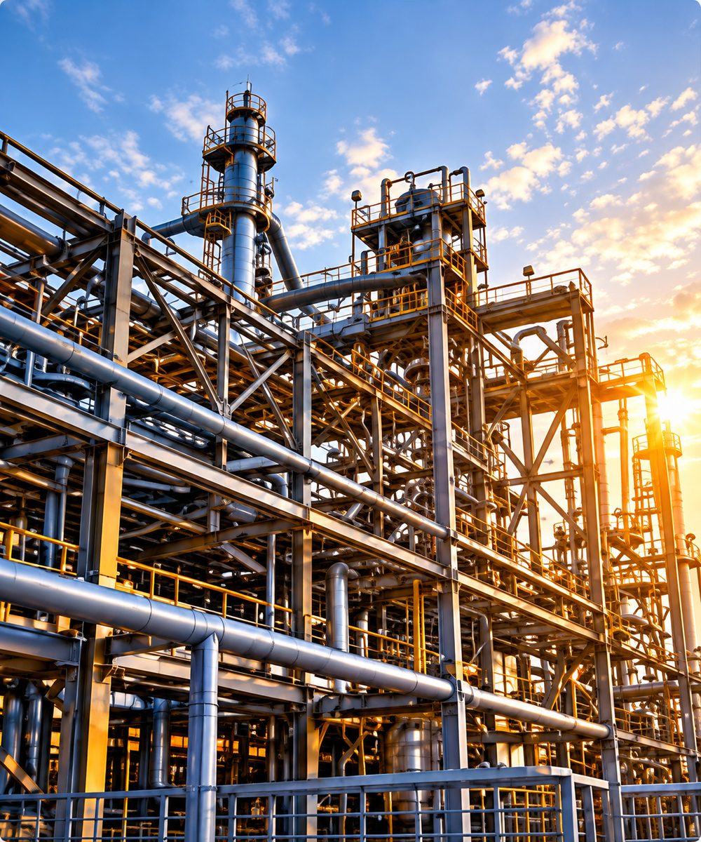 Industrial processing facility at sunset