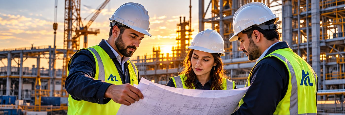 AHCL engineers reviewing construction plans on site