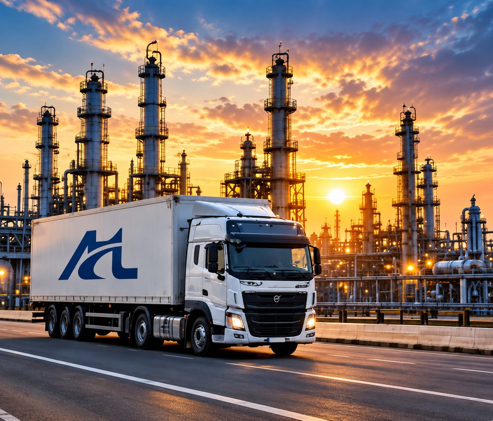 AHCL truck driving past an industrial plant