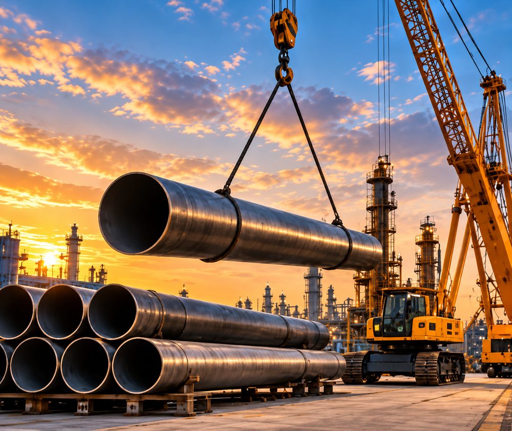 Steel pipes being lifted by a crane at an industrial yard
