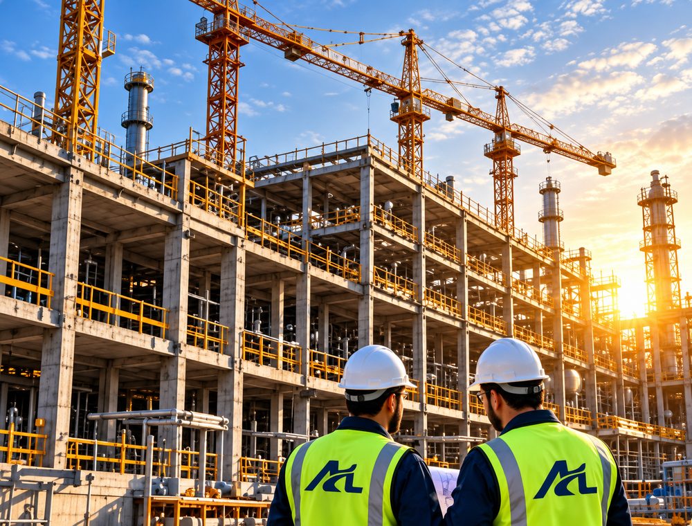 Engineers reviewing a multi-storey industrial construction site