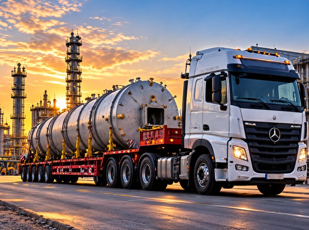 Heavy truck transporting industrial vessels