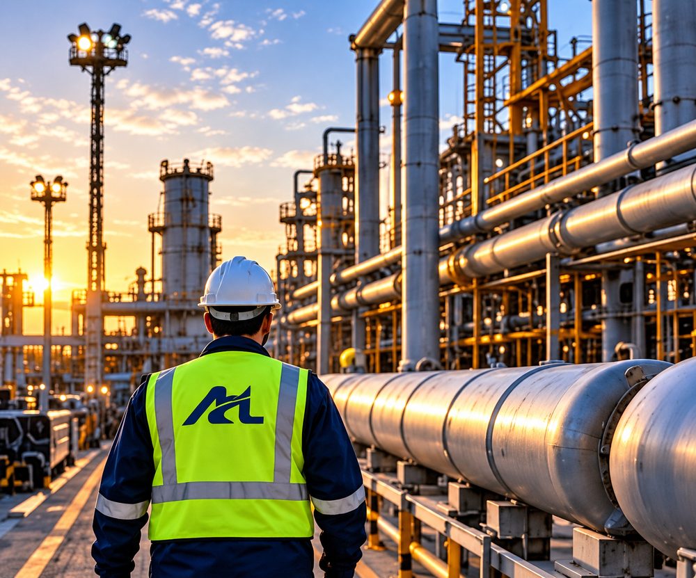 AHCL technician walking beside plant pipelines