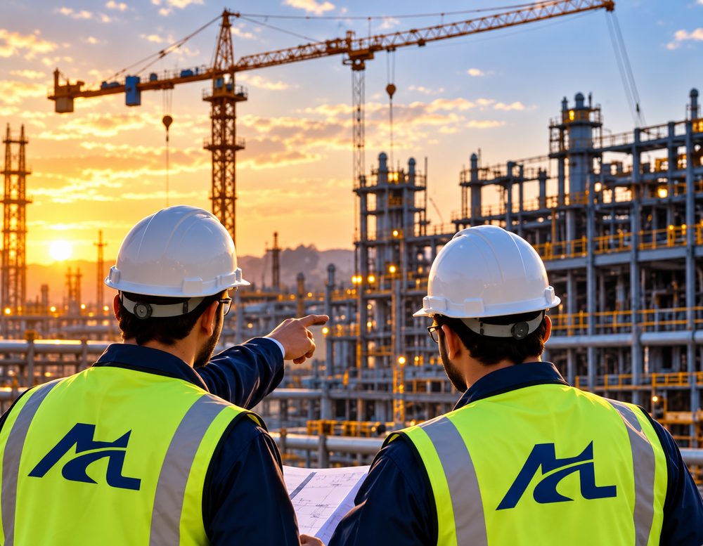 Project managers pointing across a construction site