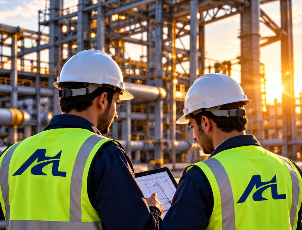 Engineers reviewing safety plans on a tablet