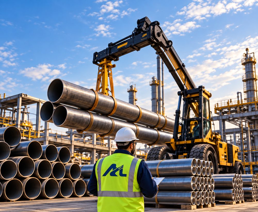 Pipe handler lifting steel pipes at a supply yard